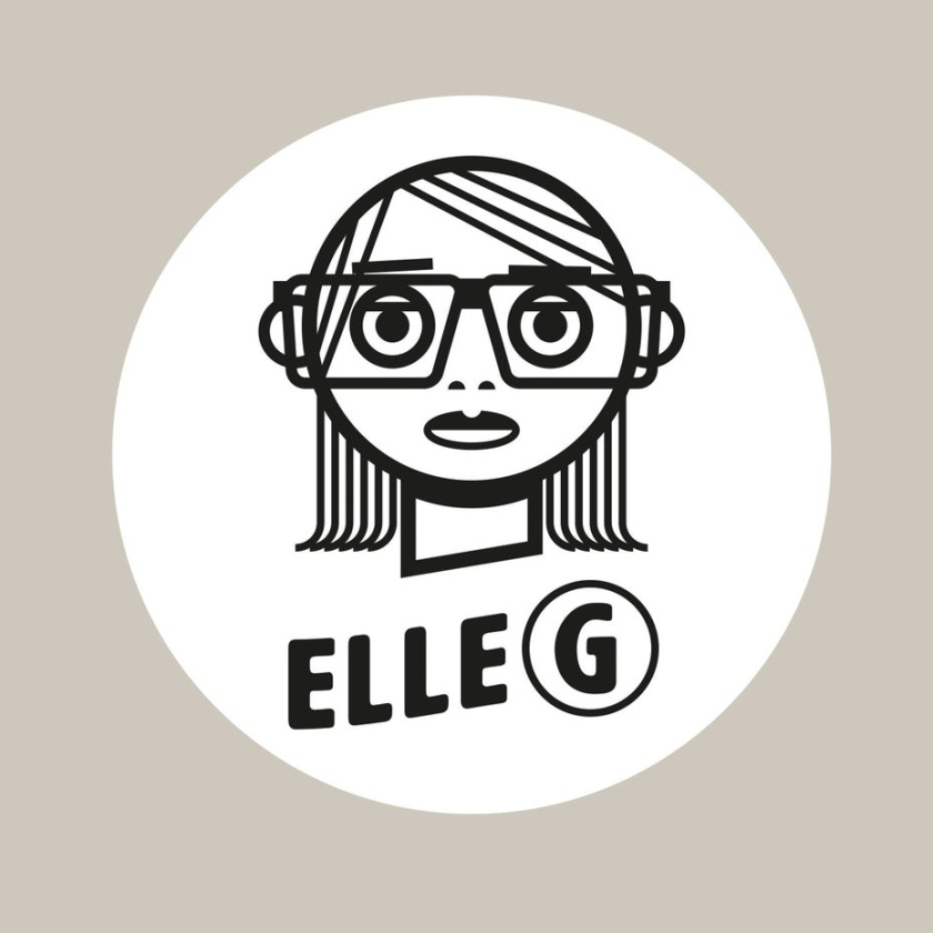一個(gè)女人戴著眼鏡和文字“elle G”的線(xiàn)條畫(huà)logo設(shè)計(jì)