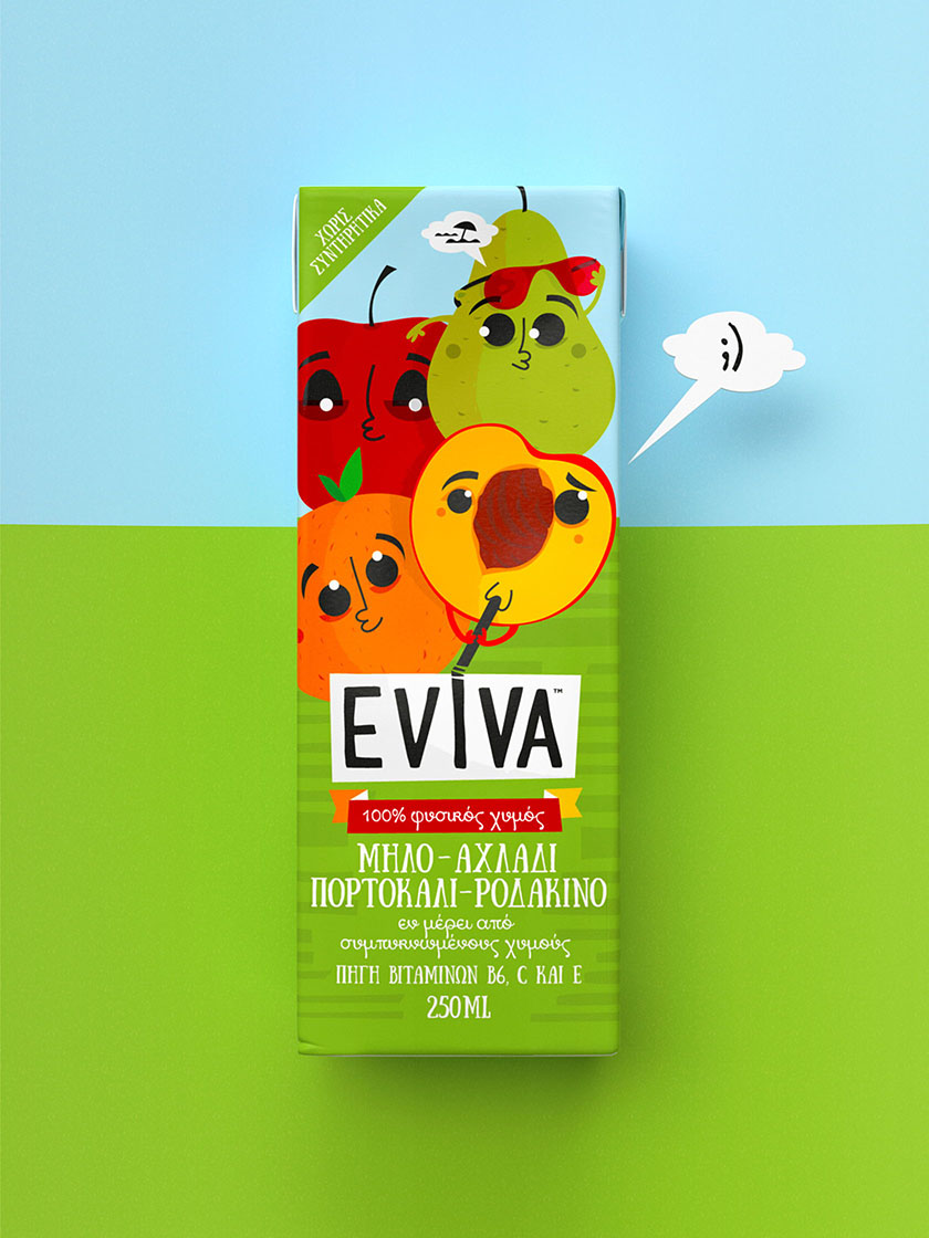 Eviva kids兒童果汁飲料包裝設(shè)計(jì)插畫設(shè)計(jì)，可愛(ài)水果卡通一起狂歡