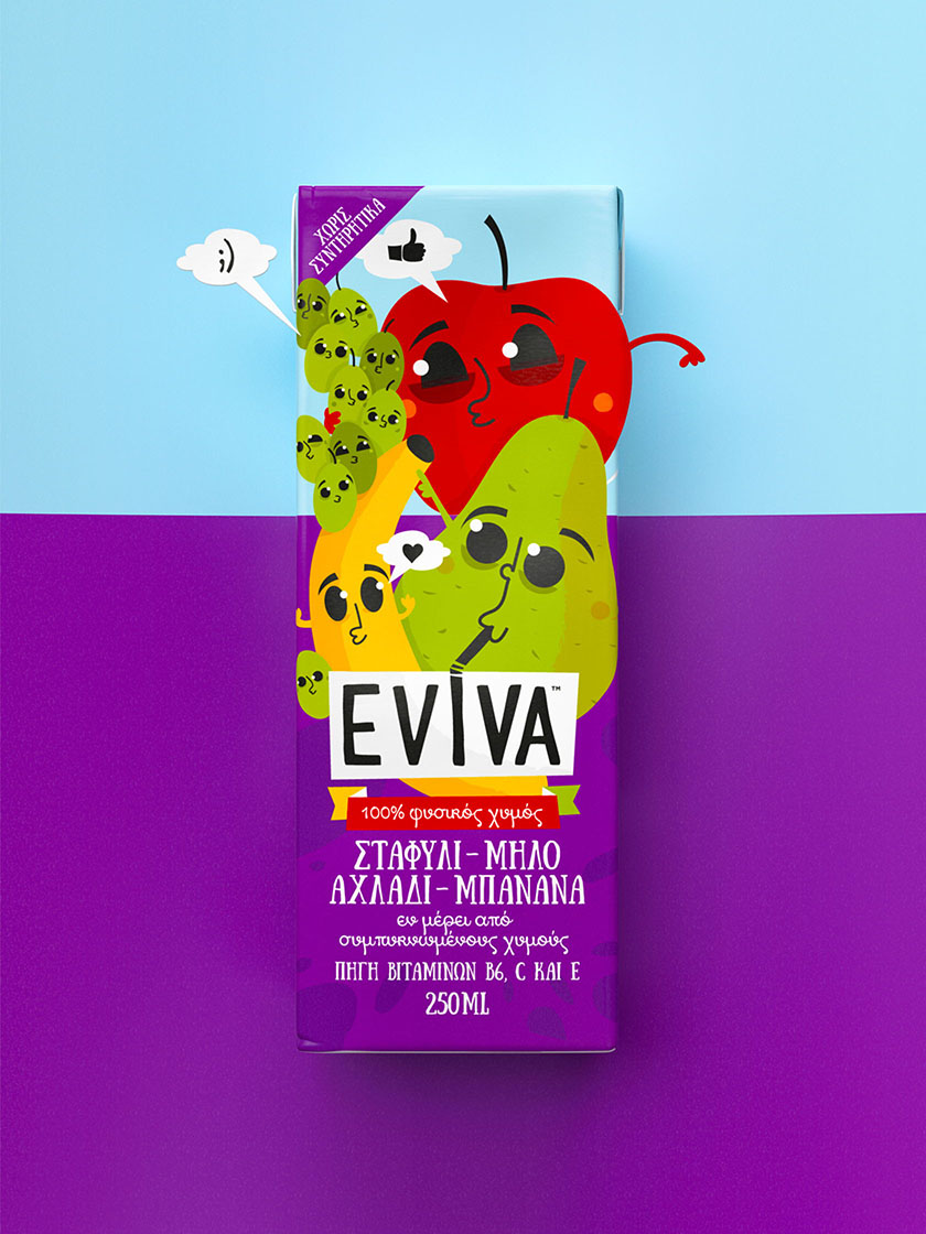 Eviva kids兒童果汁飲料包裝設(shè)計(jì)插畫設(shè)計(jì)，可愛(ài)水果卡通一起狂歡