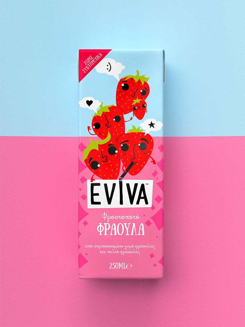 Eviva kids兒童果汁飲料包裝設(shè)計(jì)插畫設(shè)計(jì)，可愛(ài)水果卡通一起狂歡