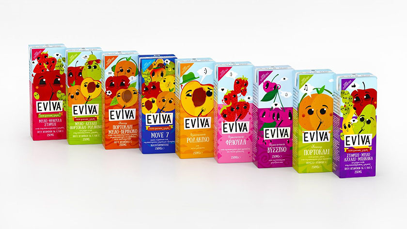 Eviva kids兒童果汁飲料包裝設(shè)計(jì)插畫設(shè)計(jì)，可愛(ài)水果卡通一起狂歡