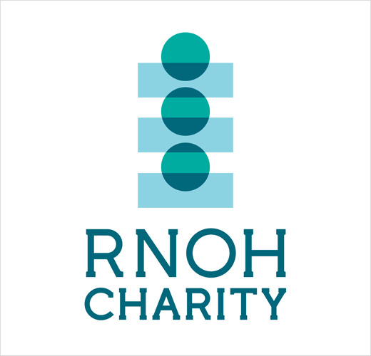RNOH骨科慈善醫(yī)院品牌形象設計，logo設計為人體脊柱或落入籌款罐的硬幣