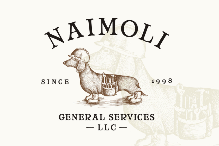 面對(duì)公司的建筑標(biāo)志設(shè)計(jì)-戴著建筑背心和安全帽的臘腸犬的棕褐色標(biāo)志