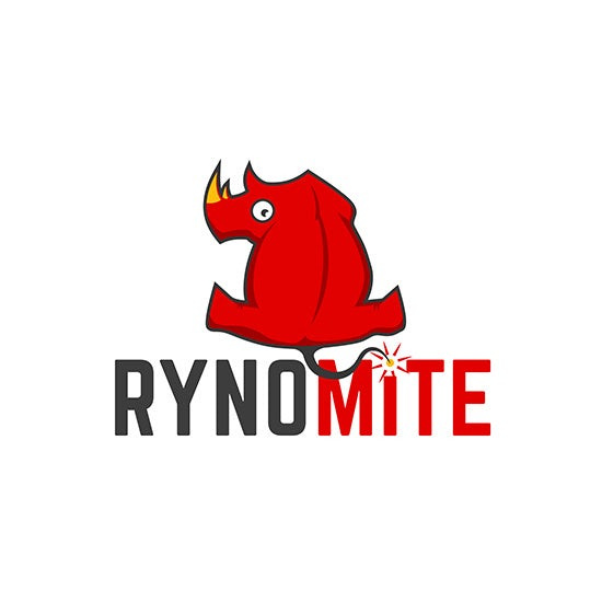 有趣的建筑標(biāo)志設(shè)計(jì)-紅色的犀牛向后看著文字“rynomite”