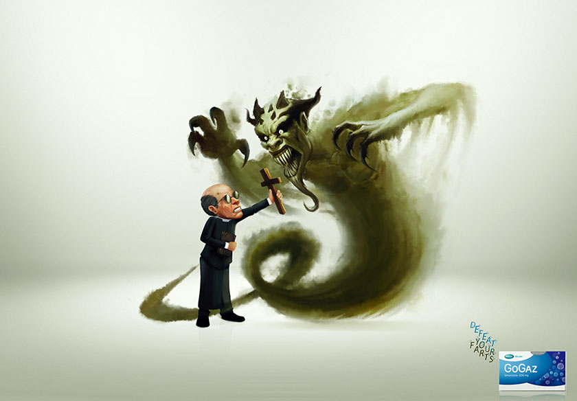 胃藥廣告：Gogaz緩解腸胃脹氣醫(yī)藥平面廣告設(shè)計(jì)，打敗脹氣惡魔