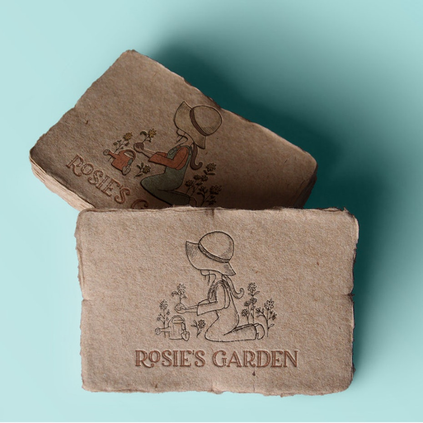 復(fù)古繪圖的一個(gè)小女孩在一個(gè)軟盤(pán)帽園藝與文本“羅西的花園”logo設(shè)計(jì)