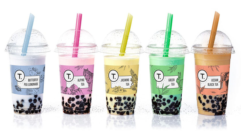 有機和天然飲料logo設計-Mila Katagarova在杯裝飲料包裝設計中采用了粉彩插圖，底部設計中泡泡茶與氣泡圖像和顏色相遇