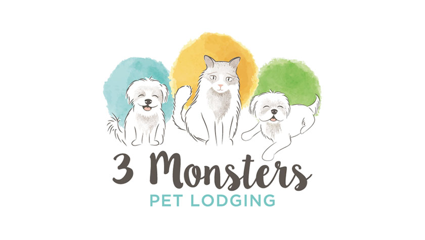 水彩圖像的兩只狗和一只貓坐在一排，每個(gè)由水彩圈重音