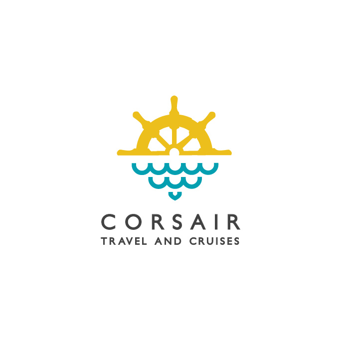 船的方向盤的上半部分，下方有風(fēng)格化的波浪，旅游logo設(shè)計(jì)