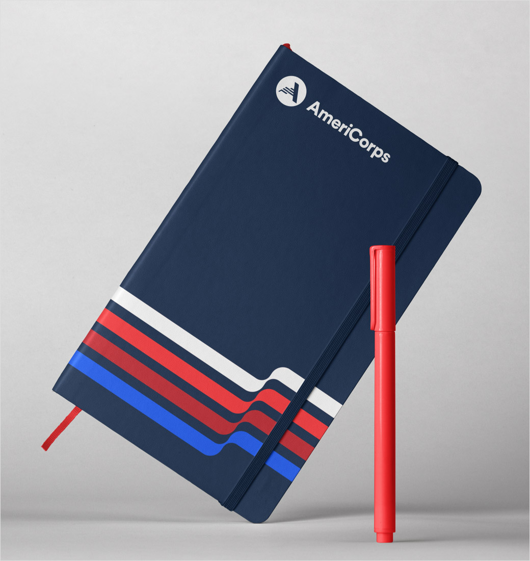 AmeriCorps 美國(guó)國(guó)家社區(qū)服務(wù)公司品牌logo設(shè)計(jì)與vi設(shè)計(jì)，字母A+美國(guó)國(guó)旗