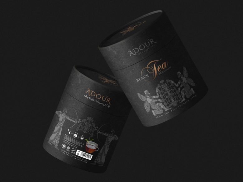 黑色風格Adour伊朗紅茶包裝設計，波斯第一帝國士兵插畫設計