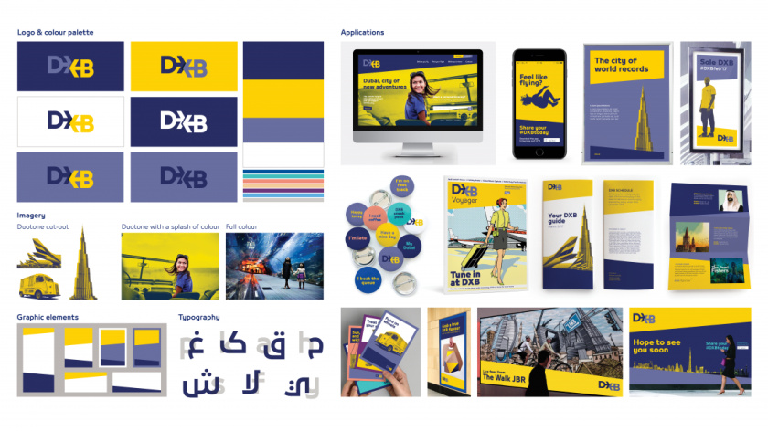 DXB迪拜機(jī)場(chǎng)X形箭頭logo設(shè)計(jì)與品牌形象設(shè)計(jì)，源自品牌理念“內(nèi)在的驚喜”