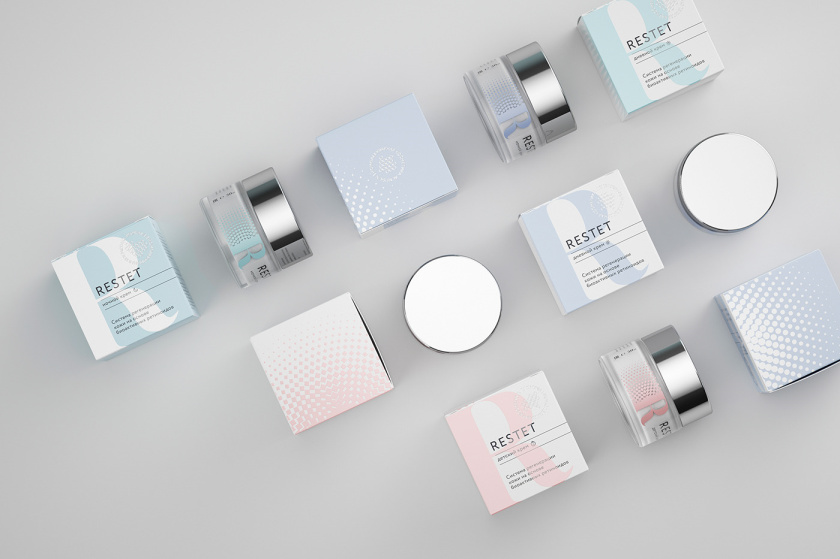 Restet醫(yī)美化妝品包裝設(shè)計(jì)，字母R+動(dòng)態(tài)圓點(diǎn)元素