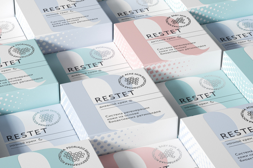 Restet醫(yī)美化妝品包裝設(shè)計(jì)，字母R+動(dòng)態(tài)圓點(diǎn)元素