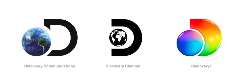 Discovery+探索電視節(jié)目頻道品牌logo設(shè)計(jì)，光譜色幾何D和一個(gè)圓的結(jié)合