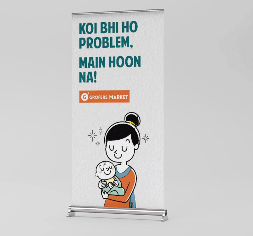 Grofers Market 食品超市品牌vi形象設(shè)計(jì)與輕松快樂的人物購物插畫設(shè)計(jì)