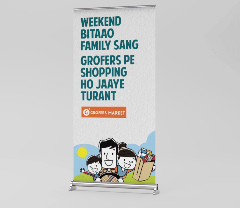 Grofers Market 食品超市品牌vi形象設(shè)計(jì)與輕松快樂的人物購物插畫設(shè)計(jì)