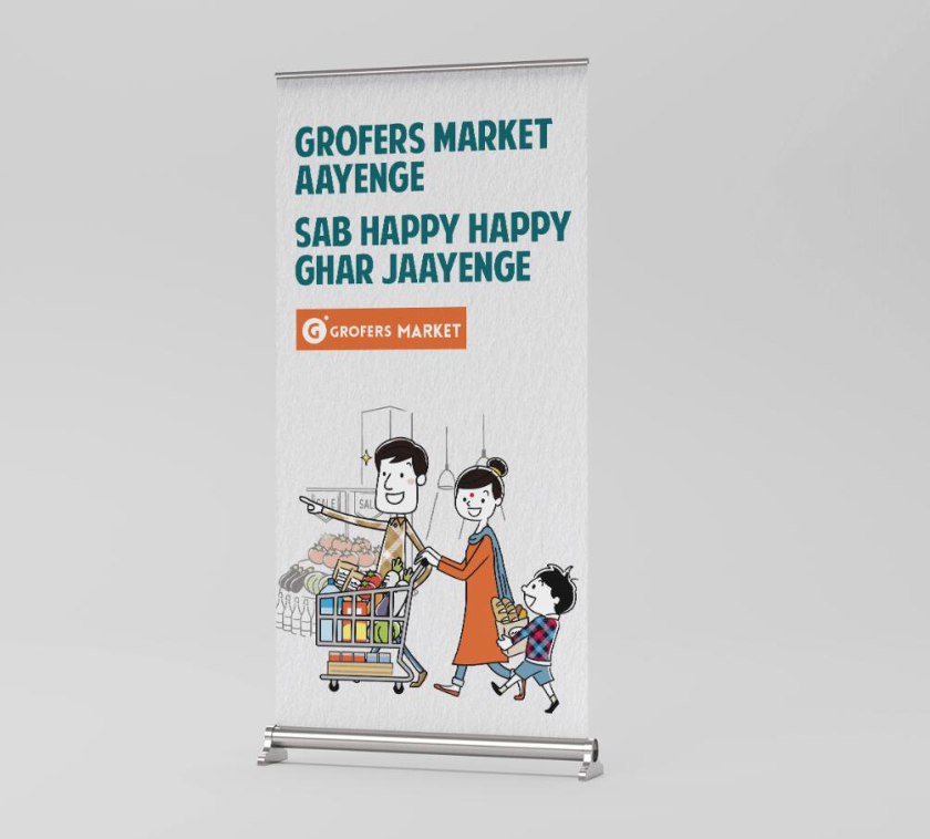 Grofers Market 食品超市品牌vi形象設(shè)計(jì)與輕松快樂的人物購物插畫設(shè)計(jì)