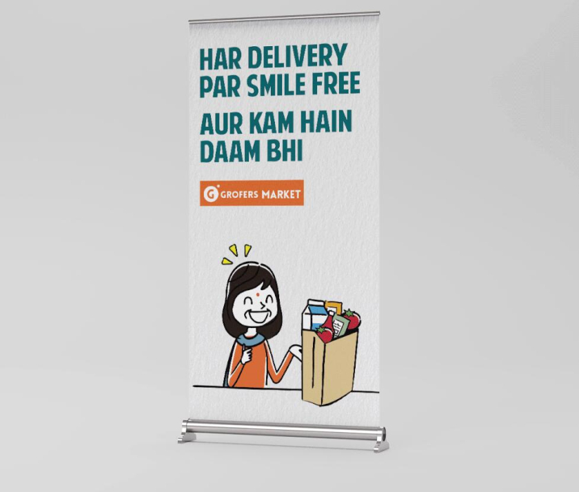 Grofers Market 食品超市品牌vi形象設(shè)計(jì)與輕松快樂的人物購物插畫設(shè)計(jì)