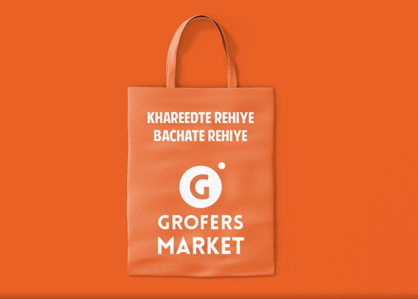 Grofers Market 食品超市品牌vi形象設(shè)計(jì)與輕松快樂的人物購物插畫設(shè)計(jì)