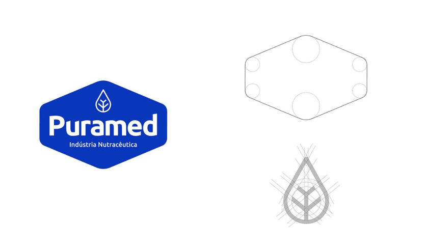 Puramed食品營養(yǎng)補(bǔ)充劑制造企業(yè)公司logo設(shè)計(jì)vi設(shè)計(jì)，相互嵌套六邊形輔助圖形設(shè)計(jì)