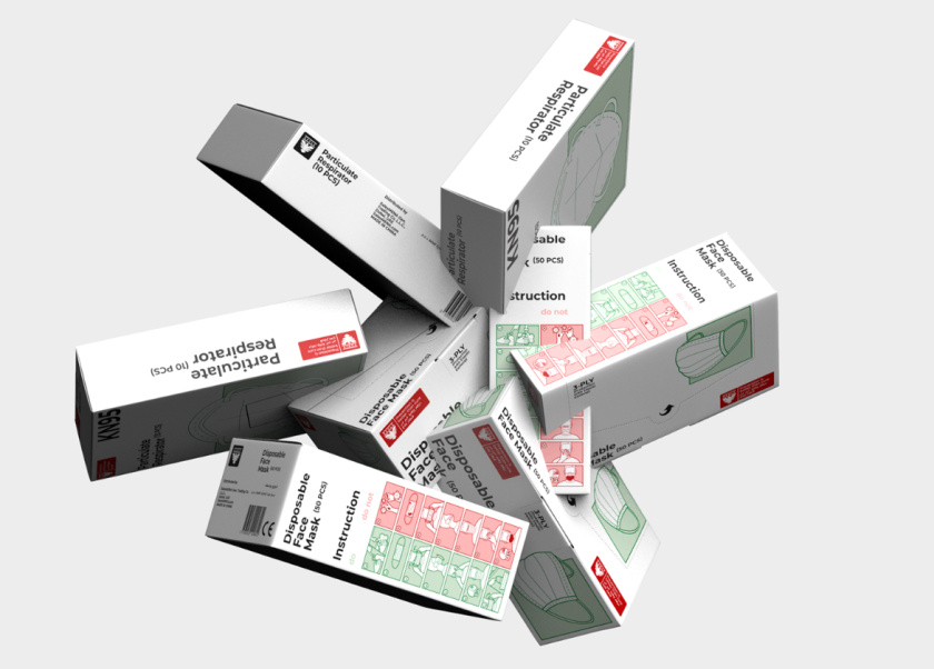 3-PLY KN95 口罩包裝設(shè)計(jì)與口罩佩戴示意插圖設(shè)計(jì)