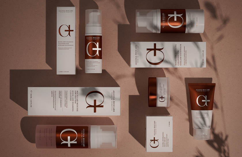 Alloga Biocare 高端化妝品包裝設(shè)計(jì)，古銅色“ a+”連字形成醫(yī)學(xué)和美學(xué)關(guān)系的符號(hào)