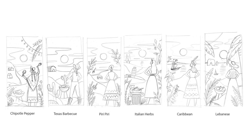 液體腌料調(diào)味品食品包裝設(shè)計，色彩鮮艷的女孩戶外燒烤插畫設(shè)計