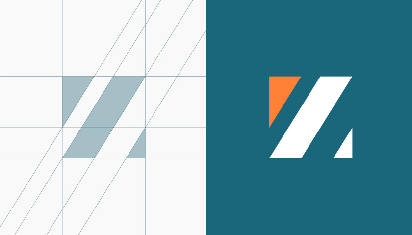 Zethla 建筑公司logo設(shè)計(jì)vi設(shè)計(jì)，正方形被斜切出字母Z+藍(lán)橙工業(yè)配色