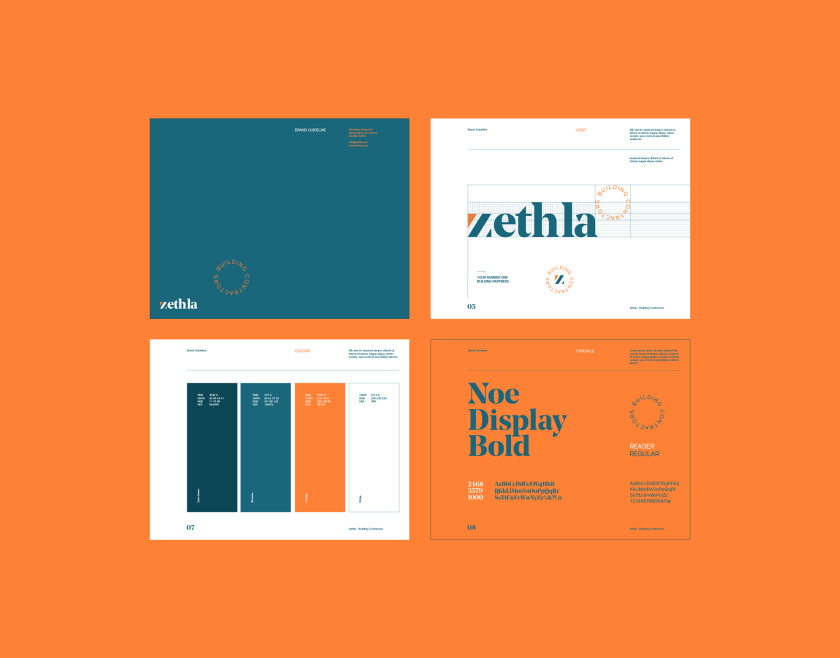 Zethla 建筑公司logo設(shè)計(jì)vi設(shè)計(jì)，正方形被斜切出字母Z+藍(lán)橙工業(yè)配色