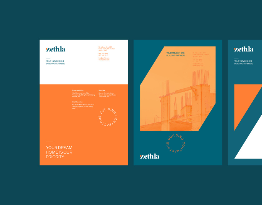 Zethla 建筑公司logo設(shè)計(jì)vi設(shè)計(jì)，正方形被斜切出字母Z+藍(lán)橙工業(yè)配色