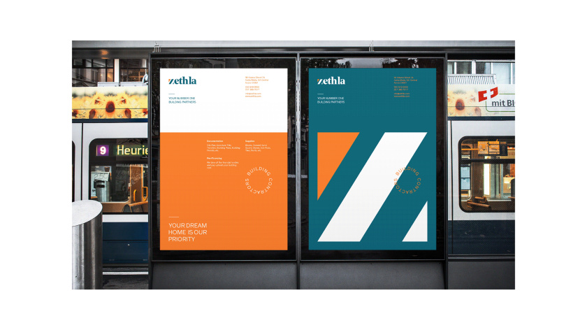 Zethla 建筑公司logo設(shè)計(jì)vi設(shè)計(jì)，正方形被斜切出字母Z+藍(lán)橙工業(yè)配色