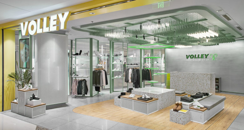 volley 休閑運(yùn)動(dòng)鞋專賣店店鋪空間設(shè)計(jì)，活力綠色+通透玻璃貨架設(shè)計(jì)