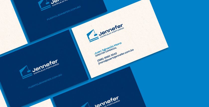 Jennefer國(guó)際港口品牌vi形象設(shè)計(jì)logo設(shè)計(jì)，大型起吊機(jī)元素與沉穩(wěn)活力藍(lán)色配色-名片設(shè)計(jì)