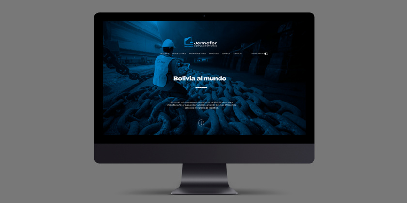 Jennefer國(guó)際港口品牌vi形象設(shè)計(jì)logo設(shè)計(jì)，大型起吊機(jī)元素與沉穩(wěn)活力藍(lán)色配色-網(wǎng)站設(shè)計(jì)