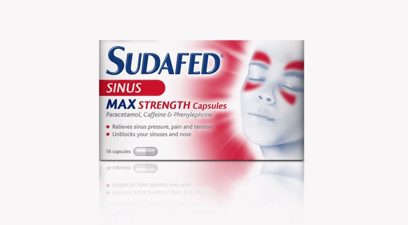 蘇達(dá)飛Sudafed 鼻子和鼻竇充血?jiǎng)┧幤钒b設(shè)計(jì)，標(biāo)志性的臉部圖形表達(dá)癥狀緩解