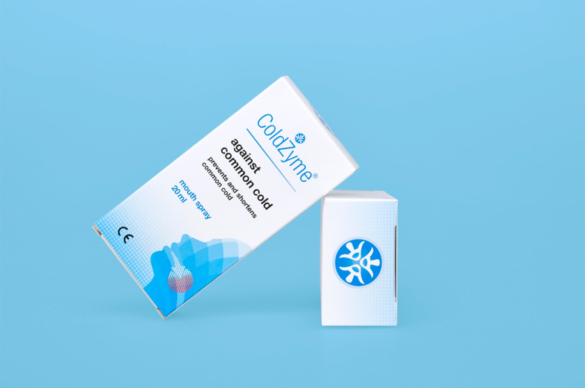 Coldzyme預(yù)防感冒病菌口腔噴霧劑包裝設(shè)計(jì)，色塊面部+箭頭喉嚨發(fā)炎圖形