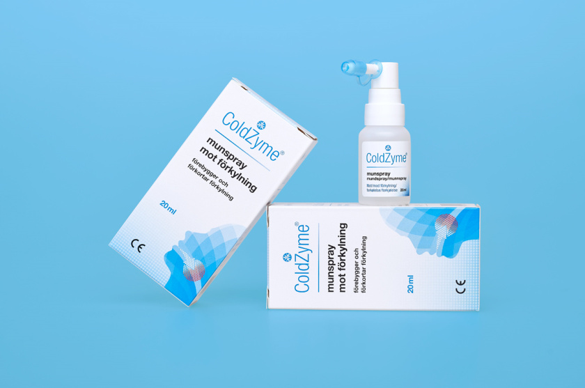 Coldzyme預(yù)防感冒病菌口腔噴霧劑包裝設(shè)計(jì)，色塊面部+箭頭喉嚨發(fā)炎圖形