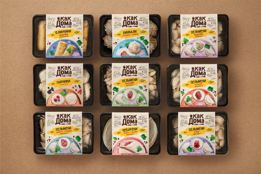 Kak Doma就像在家混沌餃子肉餡糕點冷凍保鮮烹飪食品包裝設(shè)計，手繪圖案+實物照片