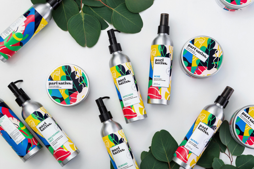 Pari Satiss天然化妝品包裝設計，天然有機植物抽象插畫圖案