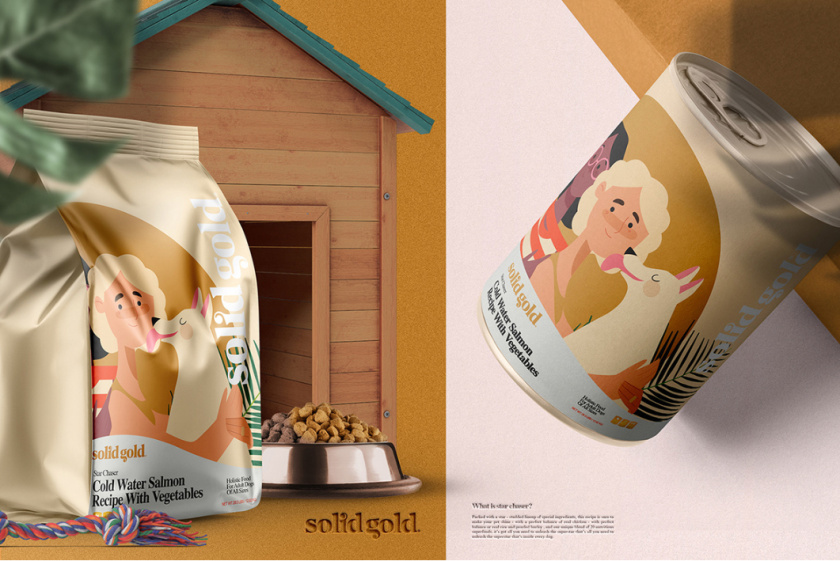 Solid Gold 純金狗糧包裝設計，寵物與主人的簡約扁平插畫風格
