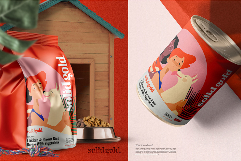 Solid Gold 純金狗糧包裝設計，寵物與主人的簡約扁平插畫風格
