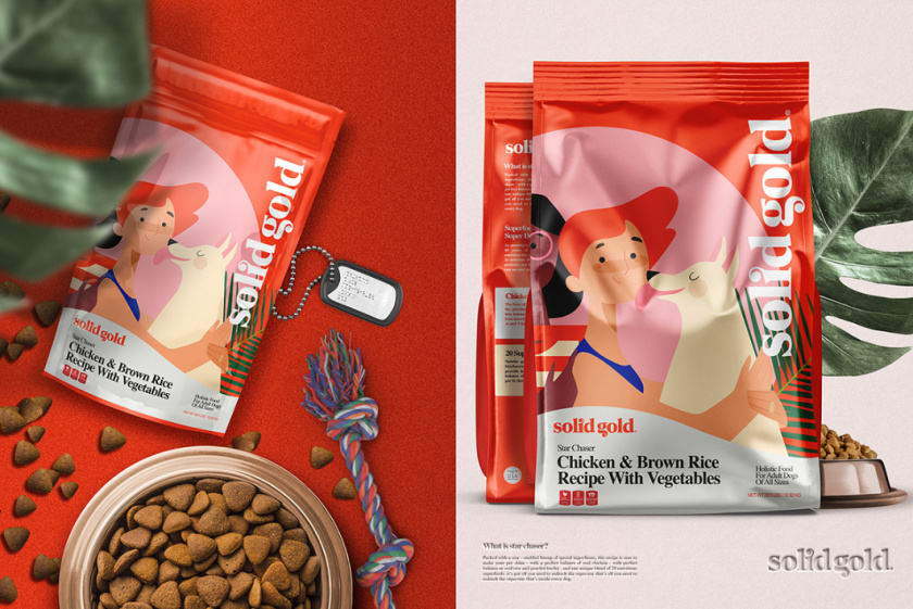 Solid Gold 純金狗糧包裝設計，寵物與主人的簡約扁平插畫風格