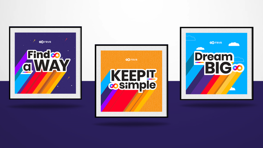 FRVR免費休閑游戲平臺網(wǎng)站品牌重塑，對角線顏色分割無窮大造型LOGO設(shè)計+動感線條輔助圖形