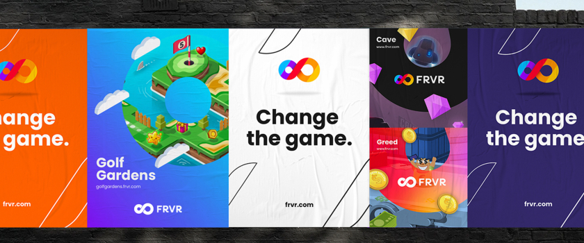 FRVR免費休閑游戲平臺網(wǎng)站品牌重塑，對角線顏色分割無窮大造型LOGO設(shè)計+動感線條輔助圖形