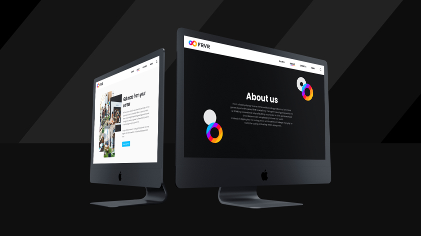 FRVR免費休閑游戲平臺網(wǎng)站品牌重塑，對角線顏色分割無窮大造型LOGO設(shè)計網(wǎng)站設(shè)計