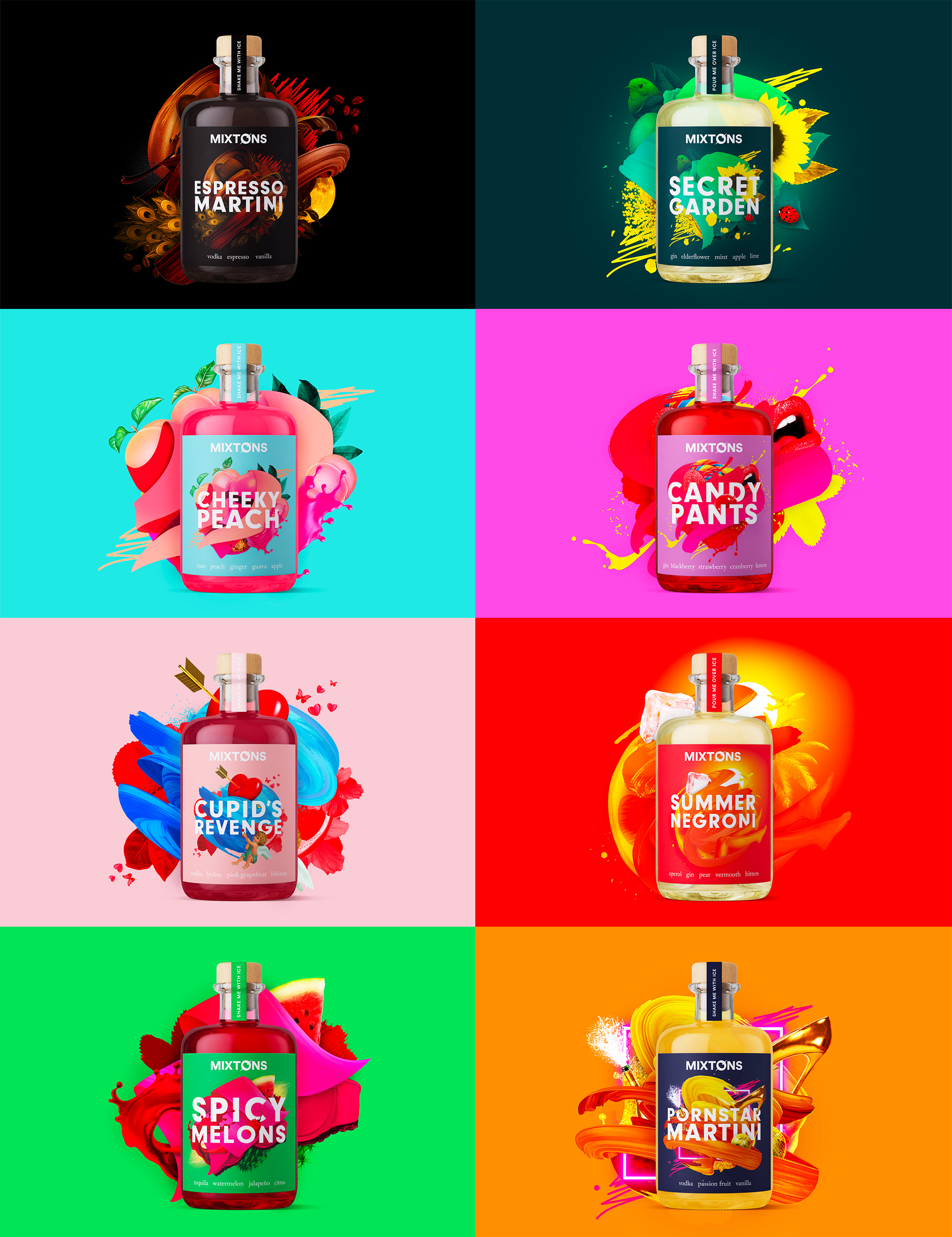 Mixton 雞尾酒包裝設計“3D混合元素拼貼插圖風格” Mixton 雞尾酒包裝設計“3D混合元素拼貼插圖風格”