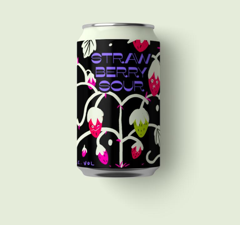Strawberry Sour 草莓酸易拉罐啤酒包裝設(shè)計(jì)黑底草莓插畫設(shè)計(jì)