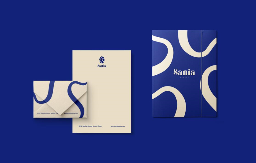sania 烘培面包店品牌vi形象設(shè)計，寶藍色面包手繪線條輪廓圖案