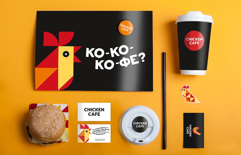 Chicken Cafe 幾何色塊小雞咖啡餐飲”LOGO+輔助圖形”設(shè)計(jì)
